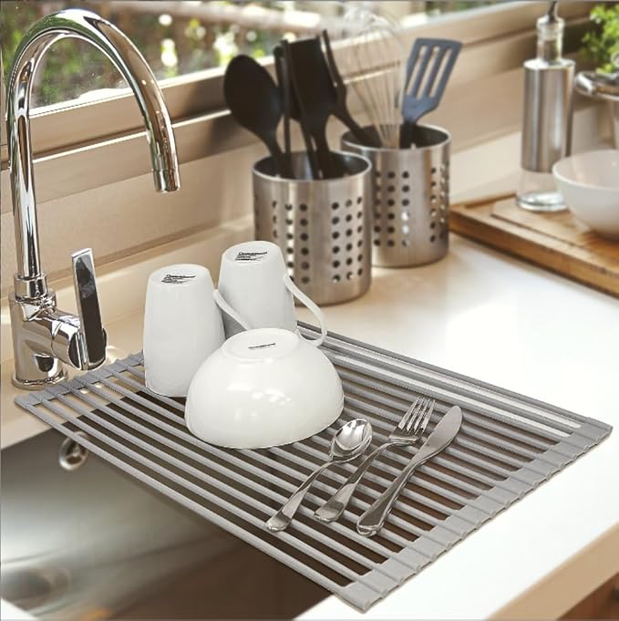 Ahyuan Large Roll up Dish Drying Rack Silicone Foldable Rack Over Sink Dishes Drainer Roll-up Sink Drying Racks Full Silicone Coated Stainless Still Dish Drying Rack (Warm Grey, 17.7''X13.13'')