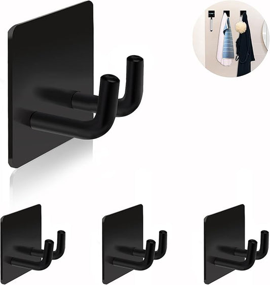 Adhesive Hooks, Stick on Stainless Steel Towel Robe Razor Wall Hooks for Bathroom Kitchen, Sticky Heavy Duty Durable Shower Hangers for Hanging Hat Coat Key Short-Black(4pcs)