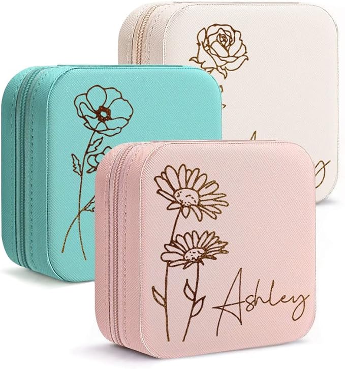 DayOfShe Personalized Travel Jewelry Box with Name and Birth Flower for Women Gifts Custom Small Travel Jewelry Case as Bridesmaid Proposal Gifts, Personalized Gifts for Women-NeatNest