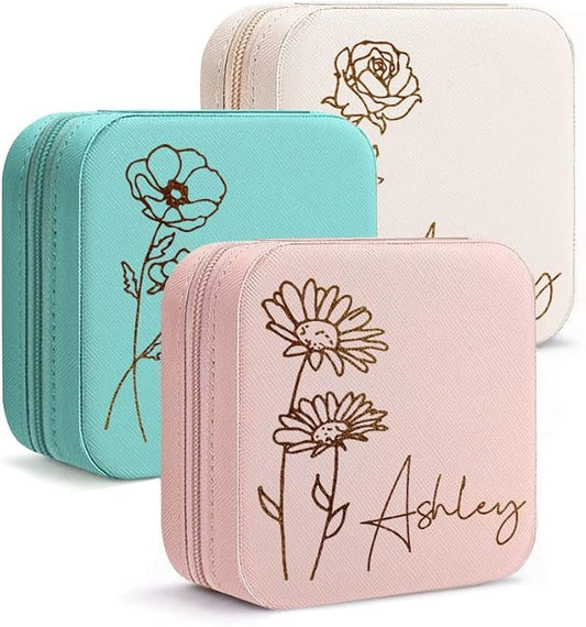 DayOfShe Personalized Travel Jewelry Box with Name and Birth Flower for Women Gifts Custom Small Travel Jewelry Case as Bridesmaid Proposal Gifts, Personalized Gifts for Women-NeatNest