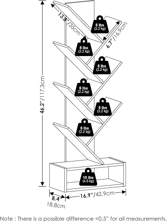 Furinno Tree Bookshelf 7-Tier Floor Standing Tree Bookcase with Bin Drawer, Amber Pine/Black