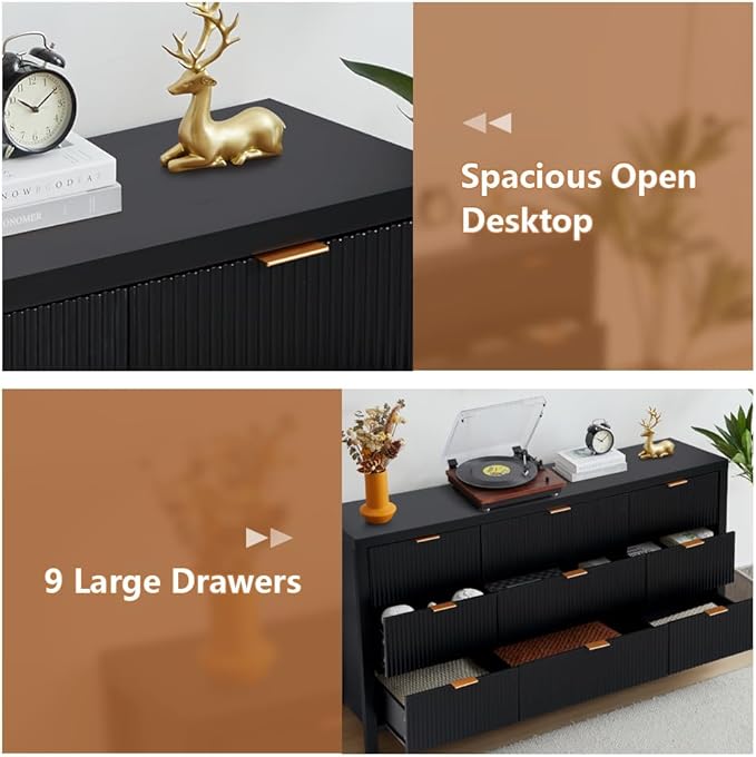 9 Drawer Dresser Cabinet, Long Nightstand with Drawers and Storage Cabinet, Solid Wood Dresser TV Stand, Mid Century Modern Nightstand with 9 Drawer Side Table for Bedroom Closet (Black)