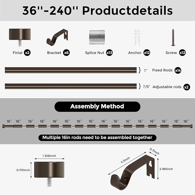Bronze Curtain Rods for Windows 36 to 240 Inch(3-20 Feet),1" Diameter Rods with Modern Style End Cap Finials,Size:36-240 Inch-NeatNest