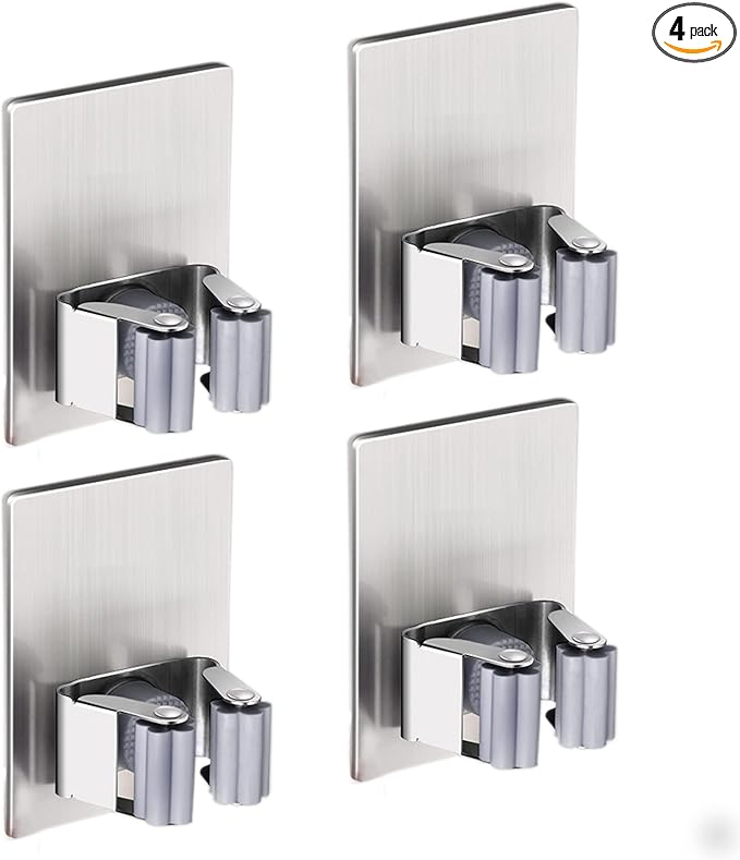 HANZE 4 Pack Stainless Steel Mop Broom Holder Organizer, Self Adhesive Wall Mounted Mop Organizer Storage Rack Clip for Kitchen Bathroom and Garage (Rectangle, Large)-NeatNest