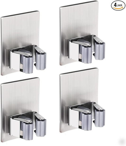 HANZE 4 Pack Stainless Steel Mop Broom Holder Organizer, Self Adhesive Wall Mounted Mop Organizer Storage Rack Clip for Kitchen Bathroom and Garage (Rectangle, Large)-NeatNest