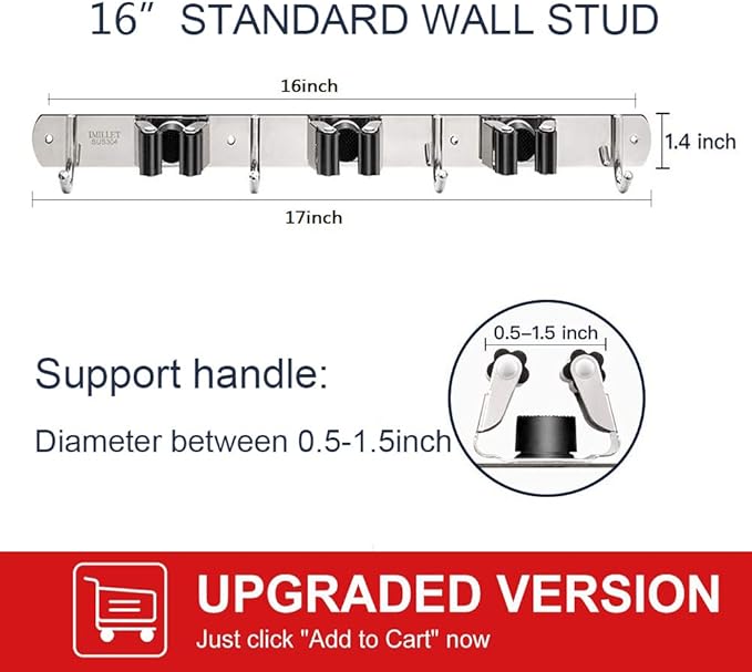 IMILLET 2 Pack Broom and Mop Holder Wall Mounted, Stainless Steel Broom Holder Mop Holder Self Adhesive Heavy Duty Hooks Storage Organizer for Home Laundry Room Garden Garage Closet Kitchen-NeatNest