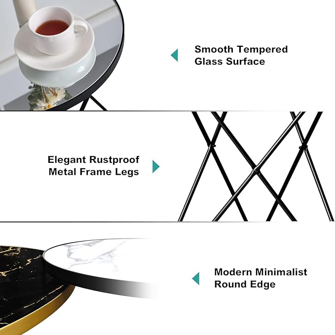 HLR Modern Round Side Table Set of 2, End Table with Marble Effect Top and Gold Metal Frame, Small Side Table for Living Room, Bedroom, Sofa and Couch, Black Legs, Mirror top