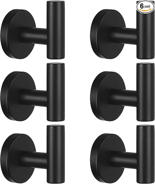 Kruodop Towel Hooks for Bathroom,6 Packs Wall Mount Towel Holder,Black Matte Wall Robe Hook,Stainless Steel Heavy Duty Door Hanger Towel Hook for Kitchen, Bedroom,Hotel,Pool,Coats - Black