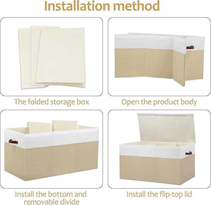Extra Large Toy Storage Box with Lid, Sturdy Toys Storage Chest Bin Organizer Basket with Dividers for Kids, Boys, Girls, Nursery, Closet, Bedroom, Playroom 35.5"x17" x17" (Beige and White)-NeatNest