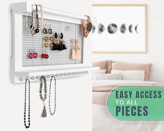 Comfify Rustic Jewelry Organizer - Wall Mounted Jewelry Holder w/Removable Bracelet Rod, Shelf & 16 Hooks - Perfect Earrings, Necklaces & Bracelets Holder - Pure White-NeatNest