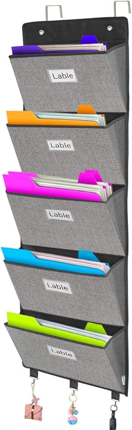 homyfort Over the Door File Organizer, Wall Hanging File Folders with 5 Large Pocket for Mails, Magazines, Back to School Supplies,Office Chart Storage, Paper Organization (Grey)-NeatNest