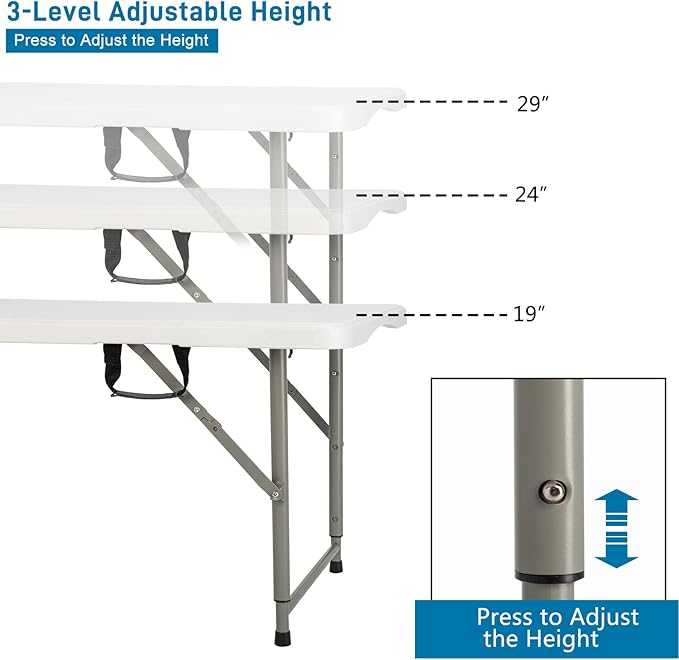 Generic 4ft Portable Folding Table, Plastic Table w/ 4 Adjustable Heights, Indoor Outdoor Heavy Duty Fold-in-Half Utility Table w/Carry Handle 300LBS, White-NeatNest