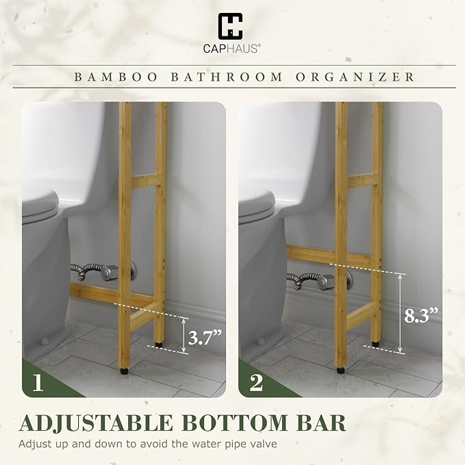 CAPHAUS Over -The -Toilet Storage Shelf,7-Tier Bamboo Bathroom Organizer Shelf Rack Over Toilet with Adjustable Feet & Hooks, Freestanding Toilet Shelf for Bathroom Laundry Balcony Plant Stand,Black-NeatNest