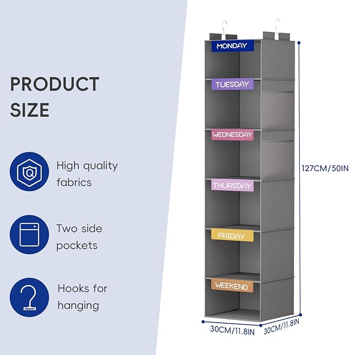 VERONLY Weekly Hanging Closet Organizer for Kids, 6-Shelf Clothes Storage with Labeled Days of The Week Monday Through Friday, Weekday and Weekend, Days of The Week Clothes Organizer-NeatNest