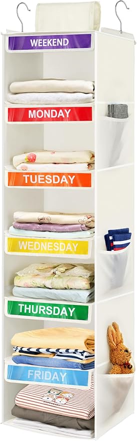 6-Shelf Weekly Clothes Organizer for Kids, Hanging Daily Closet Organization with 6 Side Pockets, Days of The Week Clothing Divider Storage for Boys and Girls (White)-NeatNest