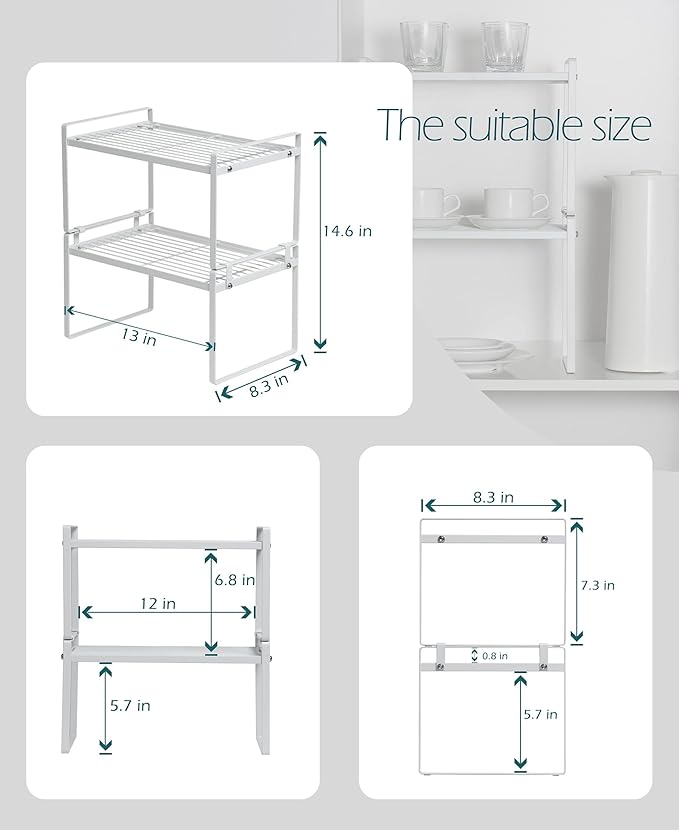 2 Pack Kitchen Cabinet Shelf Counter Organizer Rack Pantry Storage Bathroom Bedroom Office Table Desk Space Saving Steel Frame Stackable Rust Resistant Non Slip White-NeatNest