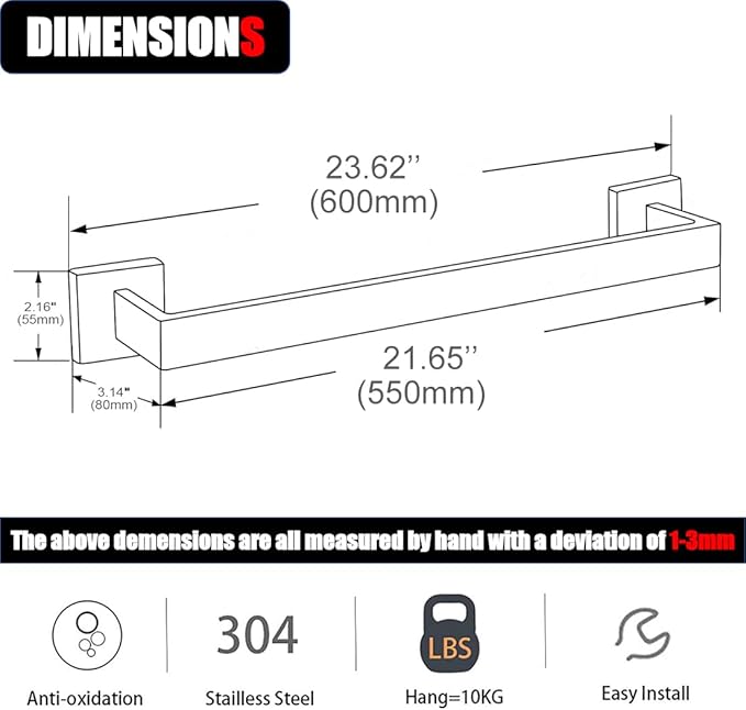 24 Inch Towel Bar for Bathroom 12/16/24/28/32/36 Inch Kitchen Towel Holder Matte Black Towel Rod Wall Mounted SUS304 Rustproof Towel Rack Modern Square Design (1, Matte Black, 24 Inch)