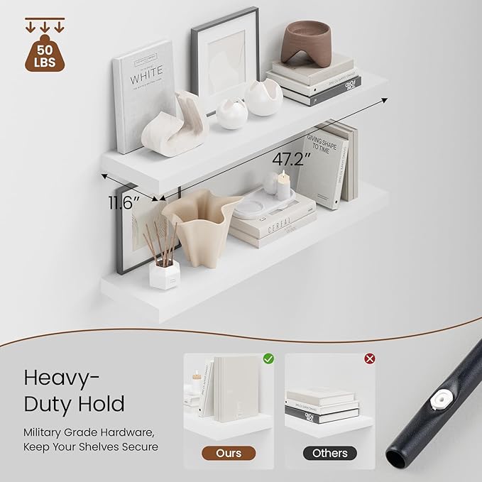 Heimlove 48W x 12D Long Floating Shelf, 12 Inch Deep White Floating Shelves for Wall Set of 2, Wood Shelves for Bedroom Living Room Bathroom Kitchen Home Office, Wall Shelves with Heavy Duty Bracket-NeatNest