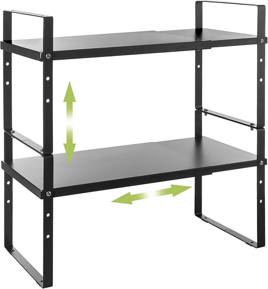 Expandable Cabinet Shelf Organizer Rack, Stackable Kitchen Counter Storage Shelves Stand, Adjustable Height Pantry Shelf Spice Rack (Black, 2 Pack)-NeatNest