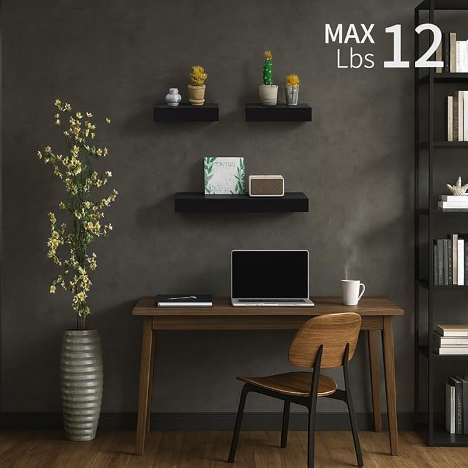Floating Wall Shelves Set of 3 – MDF Wood Wall Mounted Shelf for Living Room, Bedroom, Bathroom, Office – Decorative Storage Racks for Plants, Photos, Books (Black, Large Set)