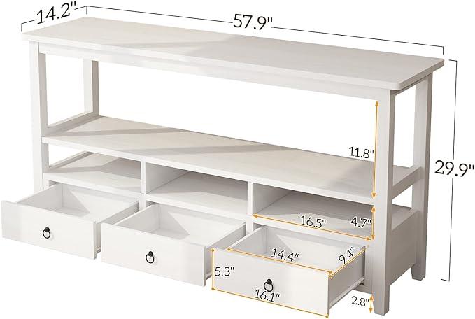 Karl home Console Table with 3 Bottom Drawers, 57.9" W Sofa Side Table Entryway Desk with 3 Storage Cubbies 1 Open Shelf, Vintage TV Stand for Hallway Living Room Office, White 29.9" H-NeatNest