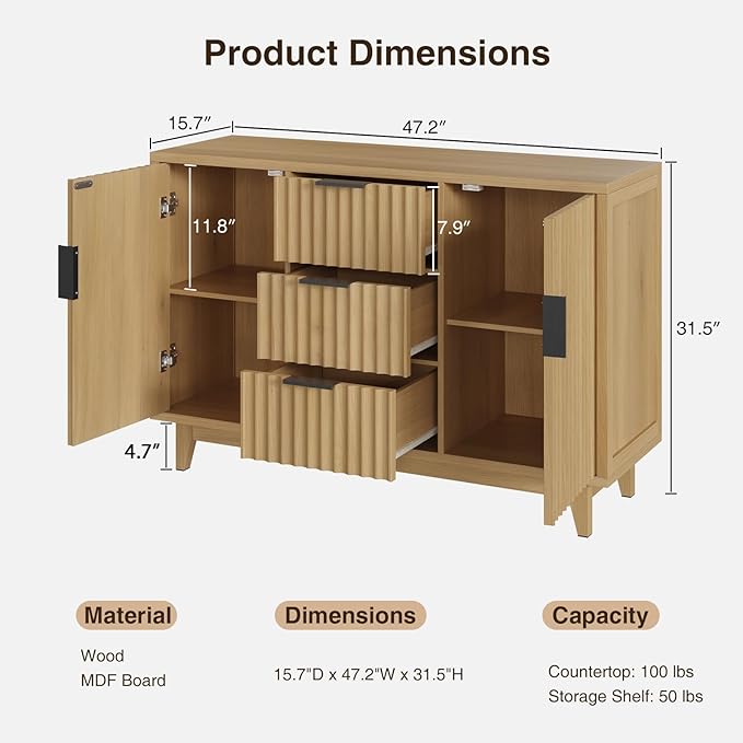 47.2" W Storage Cabinet with 3 Drawers, Fluted Buffet Cabinets with Storage, Large Sideboard with 2 Door, Modern Mid Century TV Stand Coffee Bar Furniture for Living Room, Kitchen, Entryway