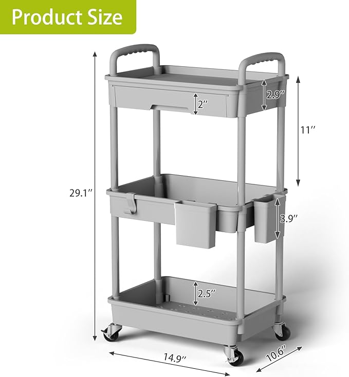 3 Tier Rolling Cart Organizer,Laundry Room Bathroom Organizers and Storage Office Shelves Mobile Shelving Unit Kitchen Trolley Cart with Wheels for Art,Craft,Diaper,Bedside,Snack(Grey)-NeatNest