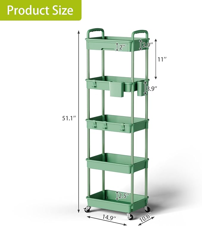 5 Tier Rolling Cart Organizer,Bathroom Cart Organizers with Wheels Laundry Room Organization Mobile Shelving Unit Utility Cart Storage Shelves Multi-Functional for Office, Home(Green)-NeatNest