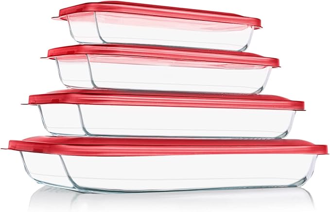 8 Pieces Glass Baking Dish with Lids Rectangular Glass Baking Pan Bakeware Set with BPA Free Lids, Baking Pans for Lasagna, Leftovers, Cooking, Kitchen, Fridge-to-Oven, Red