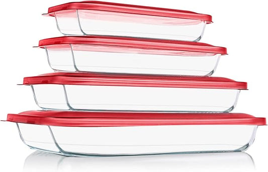 8 Pieces Glass Baking Dish with Lids Rectangular Glass Baking Pan Bakeware Set with BPA Free Lids, Baking Pans for Lasagna, Leftovers, Cooking, Kitchen, Fridge-to-Oven, Red