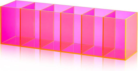 Jetec Acrylic Pen Holder 6 Compartments Makeup Brush Stationery Organizer Pencil Holder for Desk Accessories, Cosmetic Brushes, Dorm, Home, Bathroom, Kitchen, Office Supplies(Neon Pink)-NeatNest