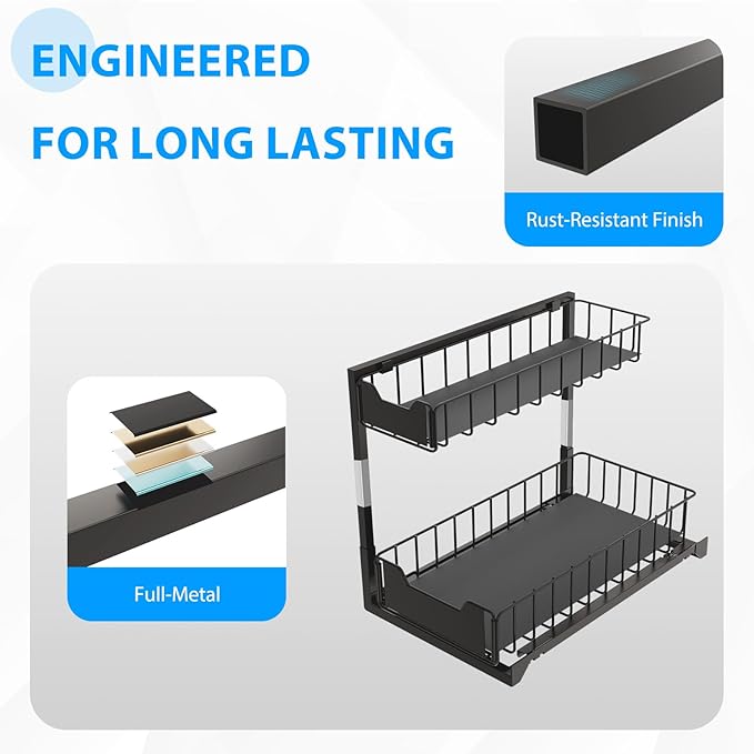 2 Pack Under Sink Organizer - Metal Bathroom Cabinet Organizer, Under Kitchen Sink Organizer and Storage Sliding Drawer for Closet, Laundry & Pantry Storage-NeatNest