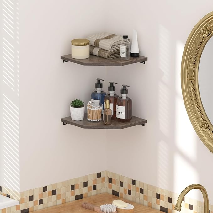 JJL Corner Shelf, 12 Inch Corner Shelf Wall Mounted with Wire Hole, 2 Tier 13.3 Inch Deep Wooden Corner Hanging Shelves for Wall Storage, for Speaker, Cable Box, Grey-NeatNest