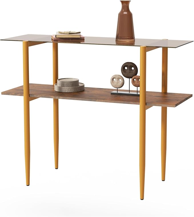 Glass Sofa Table, Mid-Century Modern Entryway Table with Tempered Glass & Golden Legs, 2-Tier Behind Couch Table for Living Room Hallway Entrance, Brown-NeatNest