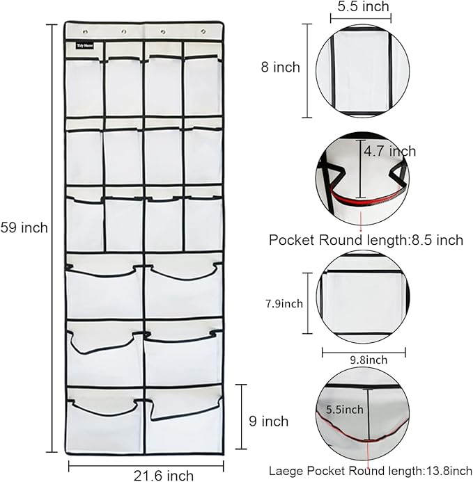 2 Pack Extra Large Hanging Over Door Shoe Organizers, 12 Mesh Pockets + 6 Large Mesh Storage Various Compartments with 8 Hooks Shoes Holder for Closet Bedroom, White (59 x 21.6 inch)-NeatNest