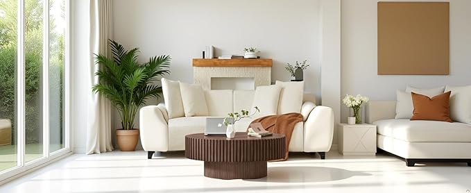 KEVINSPACE Coffee Table Round Small Coffee Tables for Living Room, Modern Mid Century Wood Walnut Wood Drum Fluted Circle Accent Center Fluted Brown Easy Assembly ø31.5''