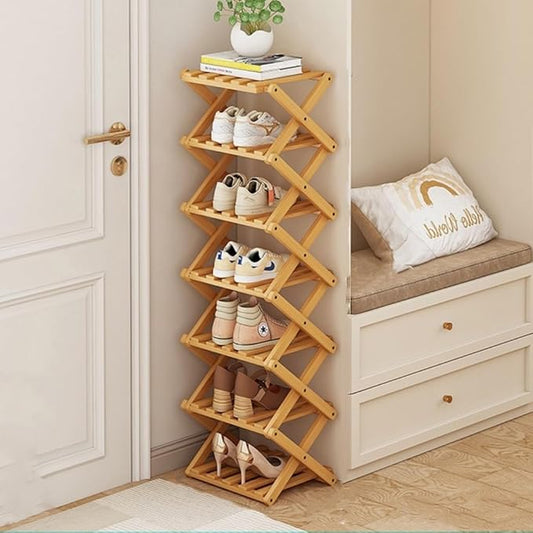 Shoe Rack, Bamboo Foldable Shoes Organizer Free Standing Shelf for Entryway, Closet, Bedroom, Hallway, | Natural | Functional | Multifunctional Shoe Rack (Wood Color) 7 Layers-NeatNest