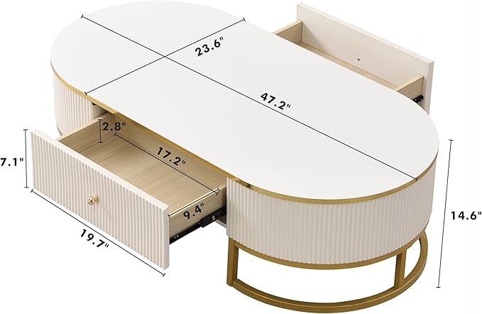 47.2" Modern Oval Coffee Table with Drawers, Curved Profile Design, Gold Metal Decor End Tables Sofa Table for Living Room Office Bedroom Balcony, White & Gold