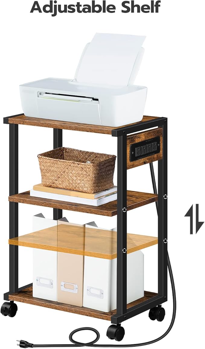 HOOBRO Industrial Printer Stand with Charging Station, 3-Tier Printer Table, Rolling Printer Cart with Adjustable Shelf and Hook, Rustic Brown and Black BF28UPS01-NeatNest
