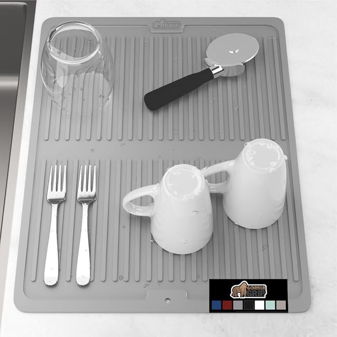 GORILLA GRIP 100% BPA-Free Patented Silicone Dish Drying Mat for Kitchen Counter, 18x16 Inch, Water Catching Ribbed Design, Easy Clean Waterproof Sink Liner, Heat Resistant, Fits Under Rack, Gray