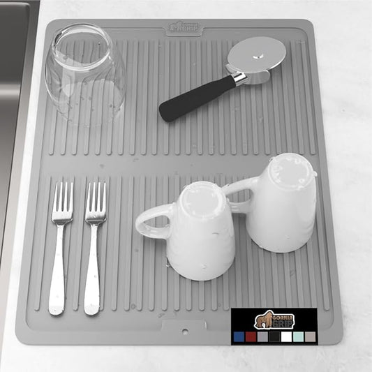 GORILLA GRIP 100% BPA-Free Patented Silicone Dish Drying Mat for Kitchen Counter, 18x16 Inch, Water Catching Ribbed Design, Easy Clean Waterproof Sink Liner, Heat Resistant, Fits Under Rack, Gray