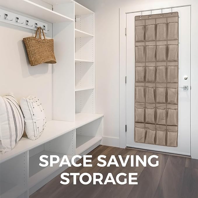 HOME GENIE Over the Door Hanging Shoe Organizer, 2 Pack, 24 Breathable Mesh Pockets, Closet Rack Storage Holder Stay in Place Hooks Hang on Closets, Hanger Holds Up to 40 lbs, Shoes, Accessories Beige-NeatNest