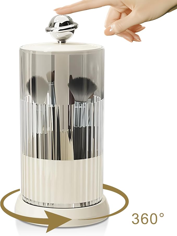 Makeup Brush Holder with Lid,One Touch Open 4 Slot Makeup Brush Case with Waterproof Dustproof, 360 Rotating Makeup Organizer for Vanity Desktop Counterto Bathroom (White)-NeatNest