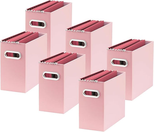 Oterri File Organizer, 6 Packs Small Storage Box, Cardboard File Folder Organizer, Collapsible File Box for Hanging File Folders Letter Size, Portable Filing Organizer with Handle（Pink）