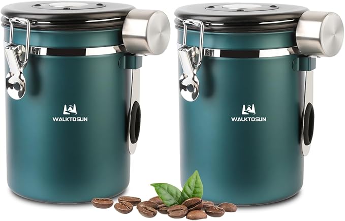 Coffee Canister Airtight Storage Container Stainless Steel Air Tight Coffee Jar with Scoop, Date Tracker CO2 Release Valve for Dry Food, Beans, Ground, Tea, Flour, Cereal and Sugar (1.8L,Green,2Pcs)-NeatNest