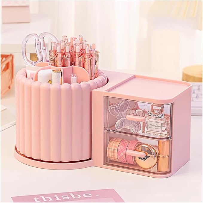 Makeup Organizer Countertop,360 Rotating Makeup Brush Holder With 2 Drawers,Small Preppy Organizer |9.25x5.11inch|Pink-NeatNest