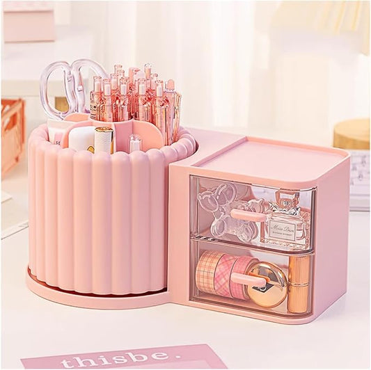 Makeup Organizer Countertop,360 Rotating Makeup Brush Holder With 2 Drawers,Small Preppy Organizer |9.25x5.11inch|Pink-NeatNest