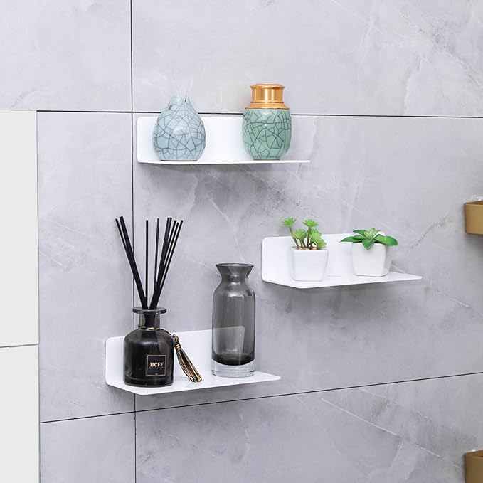 IEEK 9 Inch Acrylic Floating Shelves Set of 4,Small Wall Display Shelf for Bluetooth Speakers/Security Cameras/Nintendo Switch/Action Figures,Damage-Free Wall Shelves Stick-On Shelf,White-NeatNest