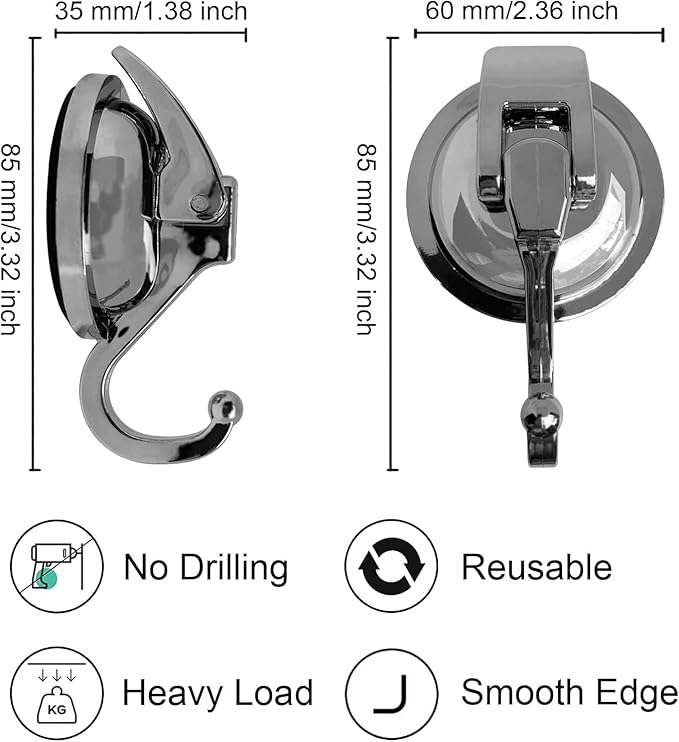 Heavy Duty Vacuum Suction Shower Hooks - Glass Suction Cup Hooks, Bathroom Robe Hooks, Reusable, No Hole Punched, for Garland Decoration (Silver Grey, 4 Pack)