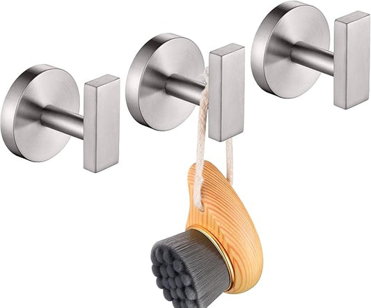Robe Hook Brushed Nickel Bath Towel Hooks Stainless Steel Wall Hooks for Bathroom Kitchen Closet Garage Door Hanger 3 Pack, AN1001BR-P3